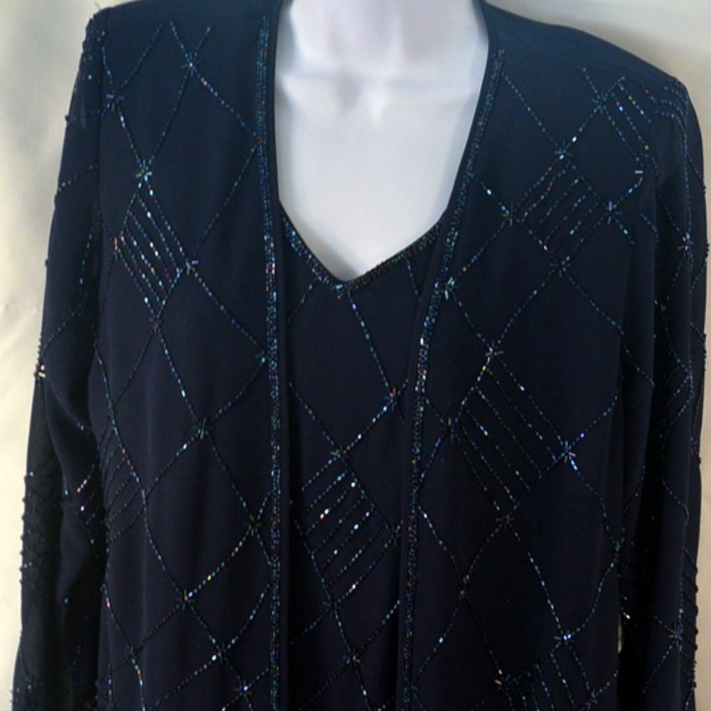 Richards Petite Womens Navy Blue Sheer Blouse Tank 2-pc Top Set Beaded Party 6P